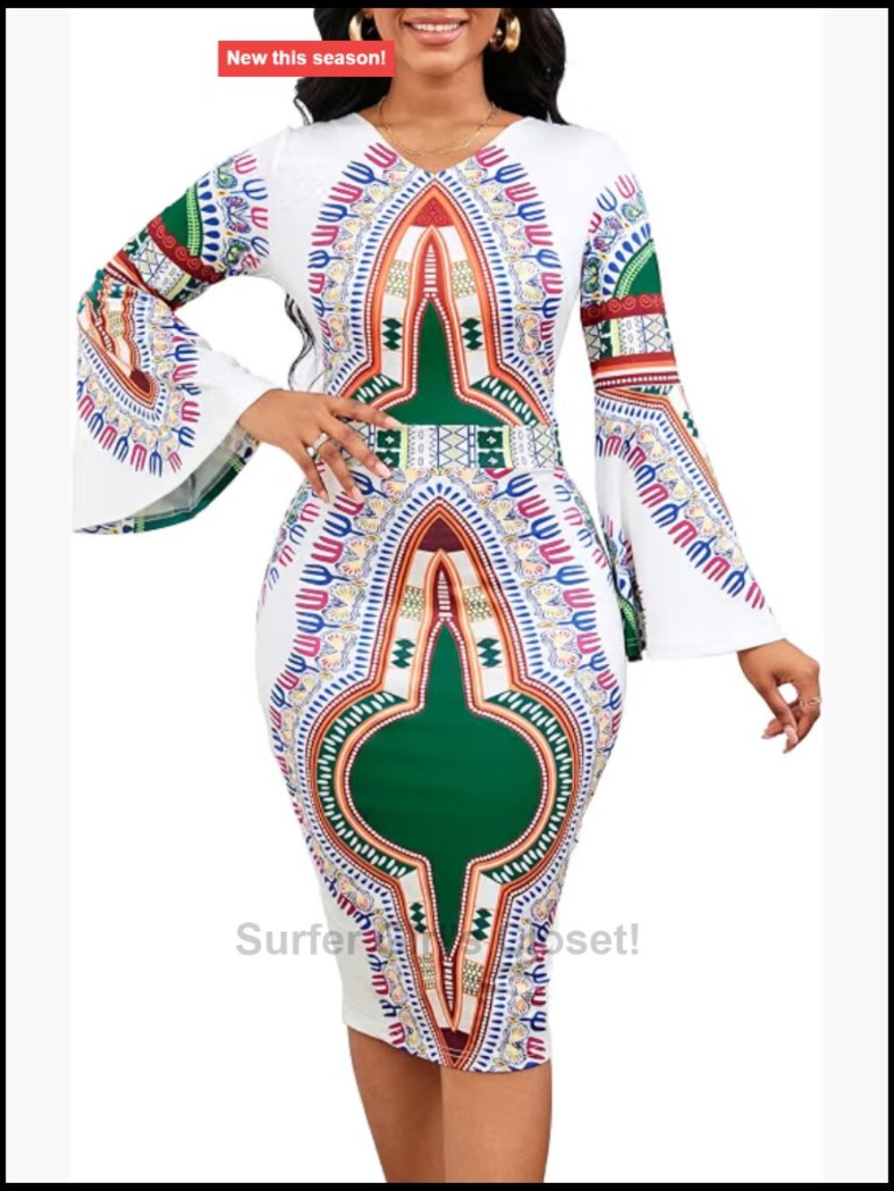 3/4 Sleeve African Print Bodycon Pencil Dress V-Neck